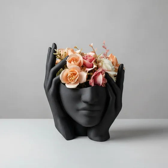 Jarron Manos Cara De Mujer Minimalista Moderno Negro Venía